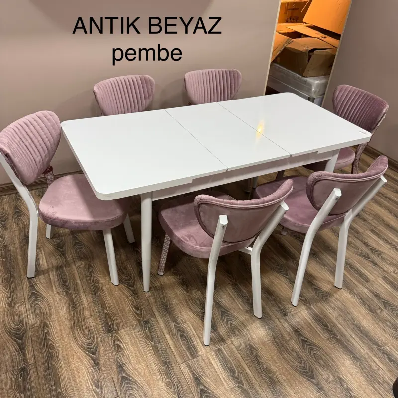 JANISA Antik Beyaz Pembe | Nahar Stol Toplumy 1 Stol + 6 Stul