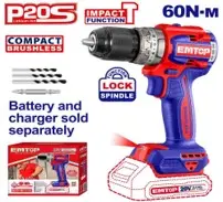Emtop ECIDL20602 | Cordless Impact Drill 20V 60Nm 2x2.0Ah Batteries