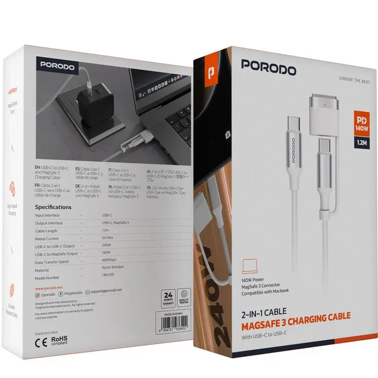 Porodo PD-CBL0039-WH | Кабель для зарядки 2-в-1 Type-C & MagSafe 3 Белый