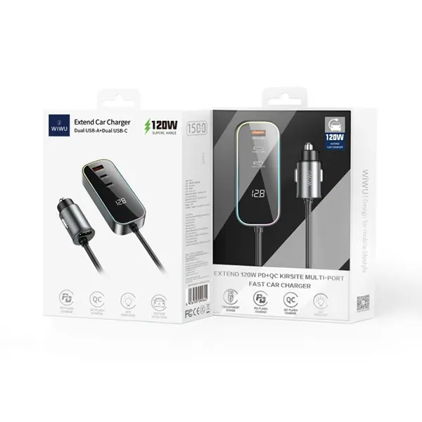 WIWU QC015 | Awtoulag Zarýad Beriji 120W Dual USB Type-C Tiz Zarýad
