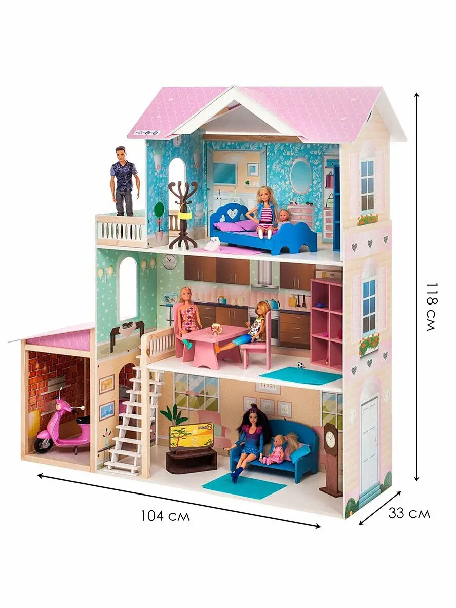 Rosali Grand LKI-00006744 | Dollhouse for 30 cm Dolls 3 Floors 11 Accessories