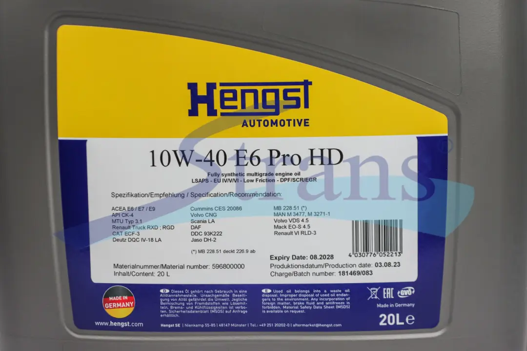 HENGST OIL 2373800000 | Hereketlendiriji ýagy 10W-40 E8 HD Pro 20L