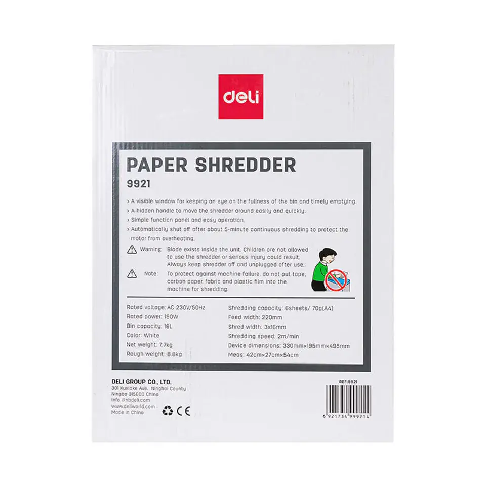 Deli No.9921 | Paper Shredder 6 Sheets 16L A4 220mm