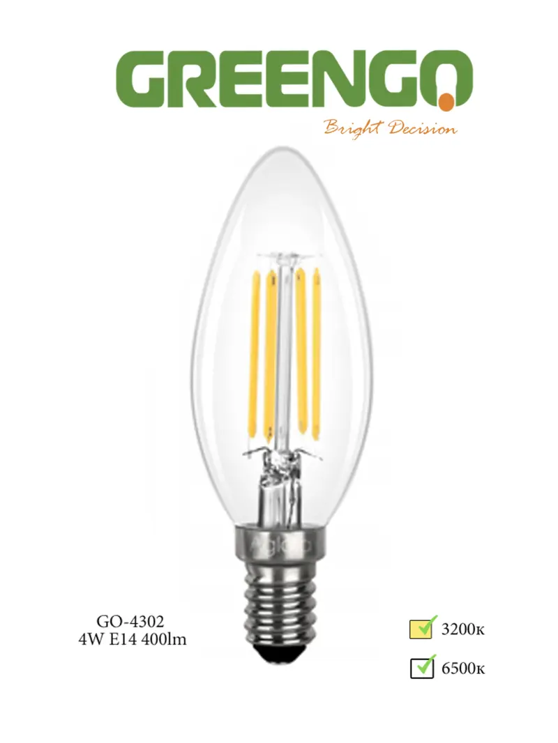 Greengo Filament E14 GO-4302 | LED-лампа тёплый свет 4 Вт