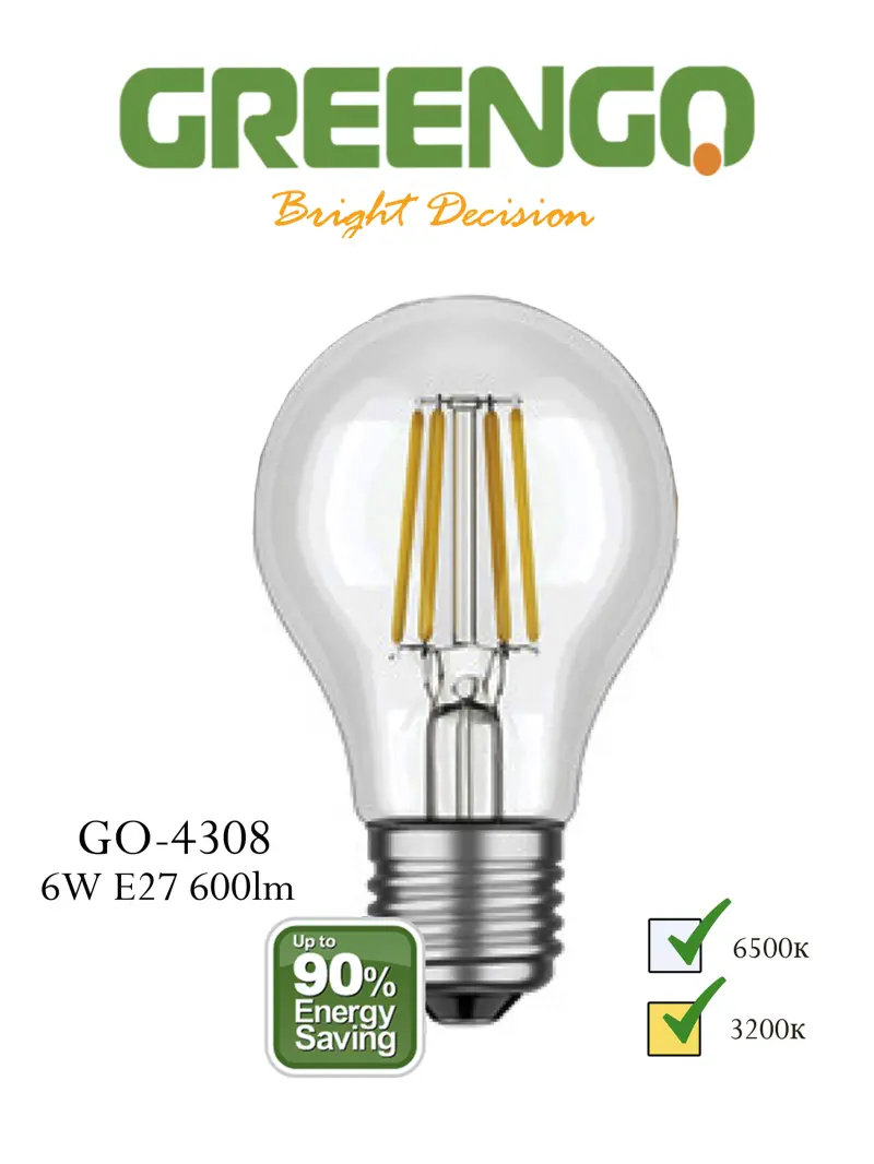 Greengo Filament E27 GO-4308 | Светодиодная лампа тёплый свет 6 Вт