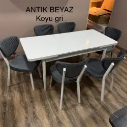Djanisa Antik Beyaz Koyu Gri | Kitchen Table Set 1 Table + 6 Chairs
