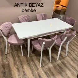 Djanisa Antik Beyaz Pembe | Kitchen Table Set 1 Table + 6 Chairs, Free Delivery