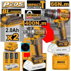 Ingco 20V Wireless Combo Kit: Impact Wrench 400 Nm + Screwdriver 66 Nm, 2 pcs