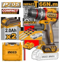 Ingco kiçi göwrümli brushless akkumulýatorly uruly buraw 66Nm 20V 2 batareýa