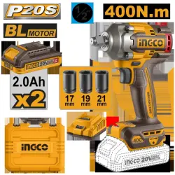 Ingco CIWLI2040 20V Cordless Impact Wrench 400Nm 2x2.0Ah Batteries
