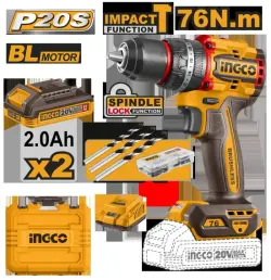 Ingco 20V Brushless Cordless Impact Drill 76Nm 2 Batteries CIDLI20768