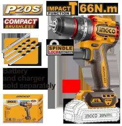 Ingco 20V Compact Brushless Cordless Impact Drill, 66Nm, Model CIDLI206681