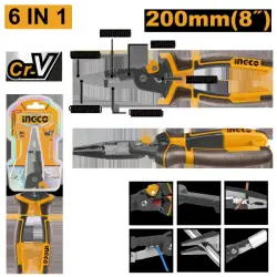 Ingco Universal Long Nose Pliers 6-in-1, 200mm, Model HMFLNP28200