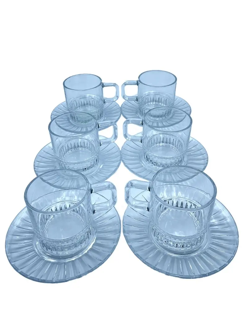 TCF TCF057-L12W | Transparent Tea Cup Set with Striped Saucers