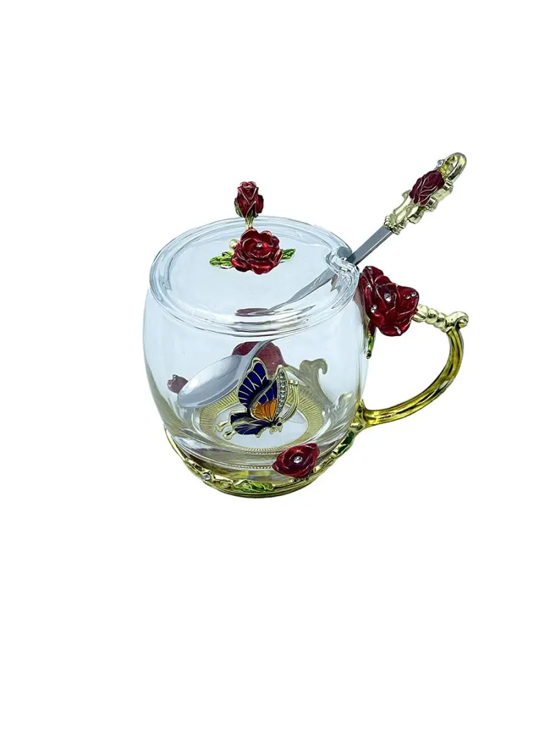 MS MS-07 | Transparent Mug with Metal Rose Handle, Spoon and Lid