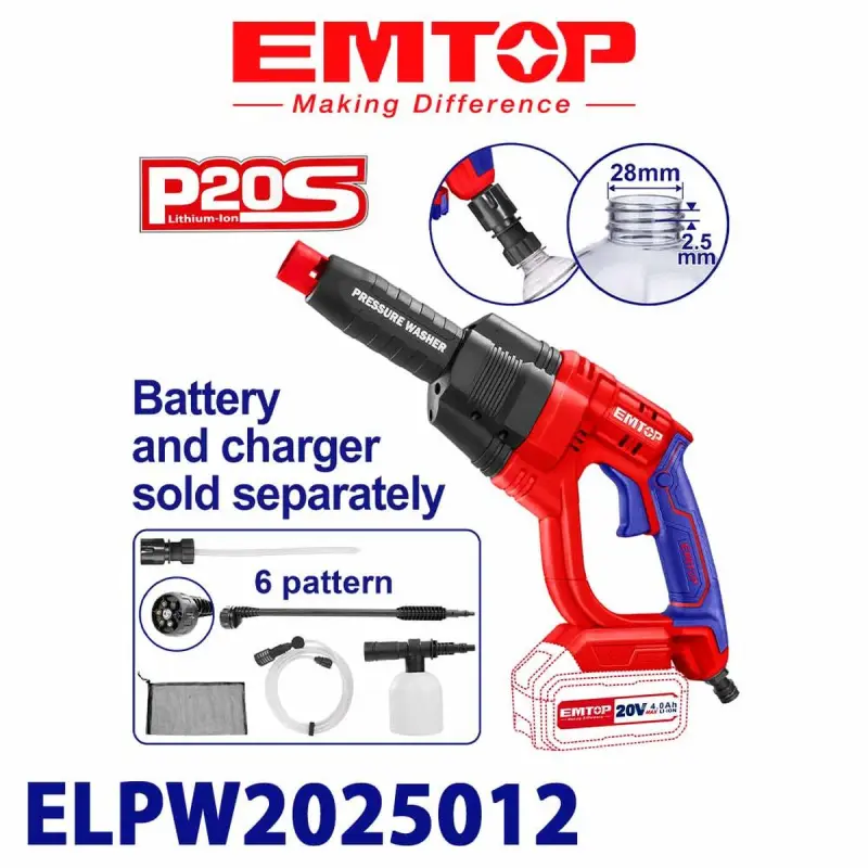 Emtop ELPW2025012 | High-Pressure Washer 20V 24.8 Bar Cordless