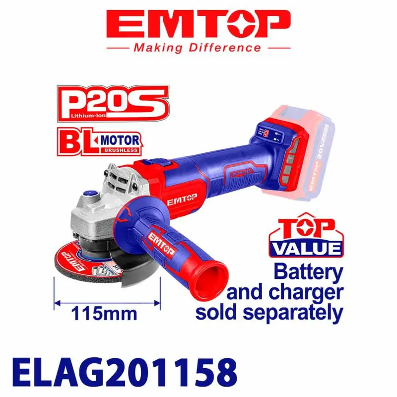 Emtop ELAG201158 | Cordless Angle Grinder 20V 115mm Brushless