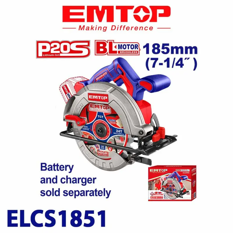Emtop ELCS1851 | Akumulýatorly aýlawly pila 20V fırçasysyz 165mm