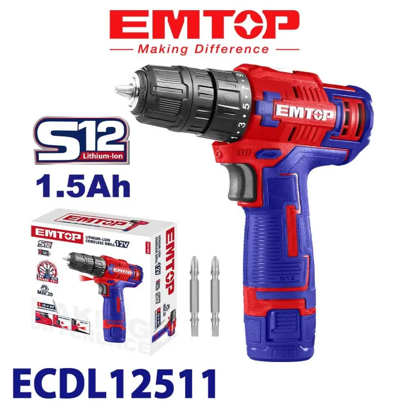 Emtop ECDL12511 | Cordless Screwdriver 12V 1.5Ah 10mm