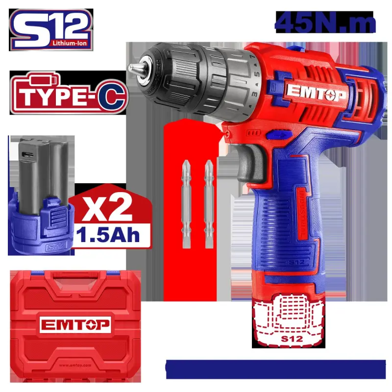 Emtop ECDL12620 | Cordless Screwdriver 12V 2 Batteries