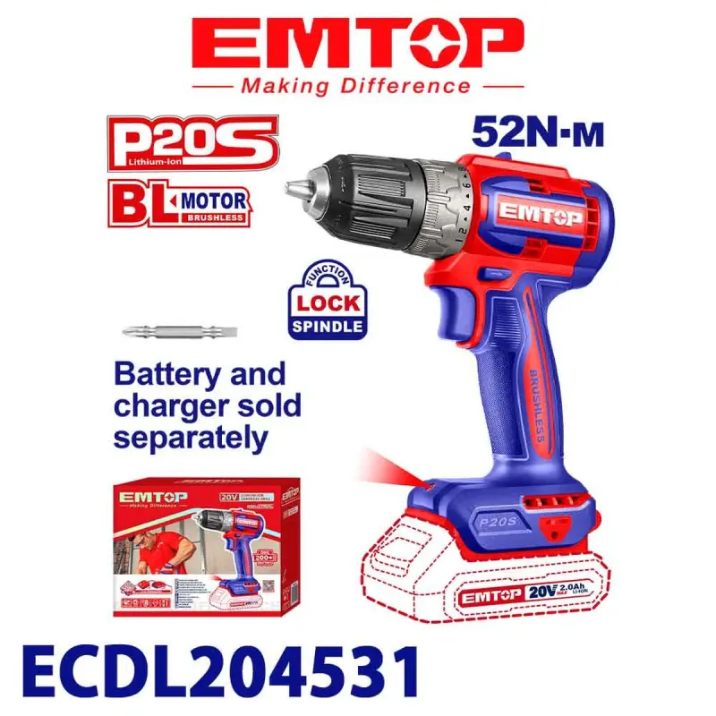 Emtop ECDL204531 | Cordless Drill Driver 20V 52Nm (No Battery)