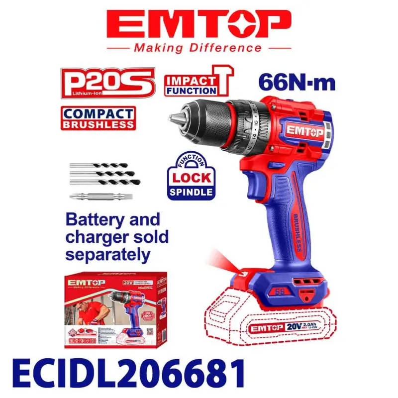 Emtop ECIDL206681 | Аккумуляторная ударная дрель 20В 66Нм без батареи