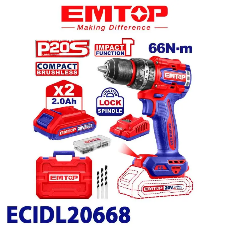 Emtop ECIDL20668 | Аккумуляторная дрель-шуруповёрт 20V 66Нм 2x2.0Ач