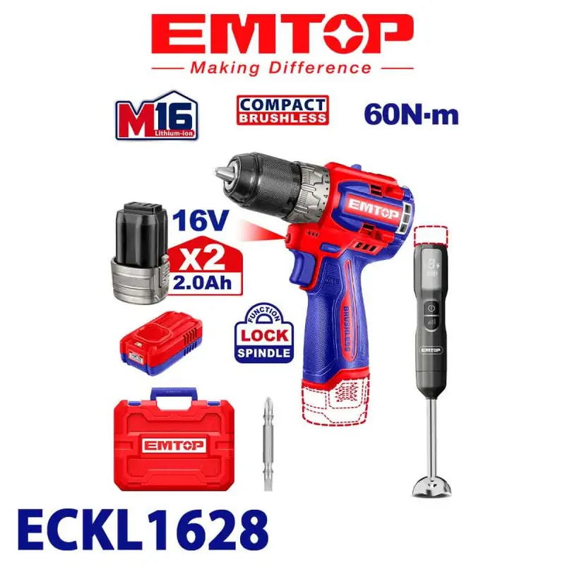 Emtop ECKL1628 | Cordless Screwdriver Set 16V 60Nm + Blender
