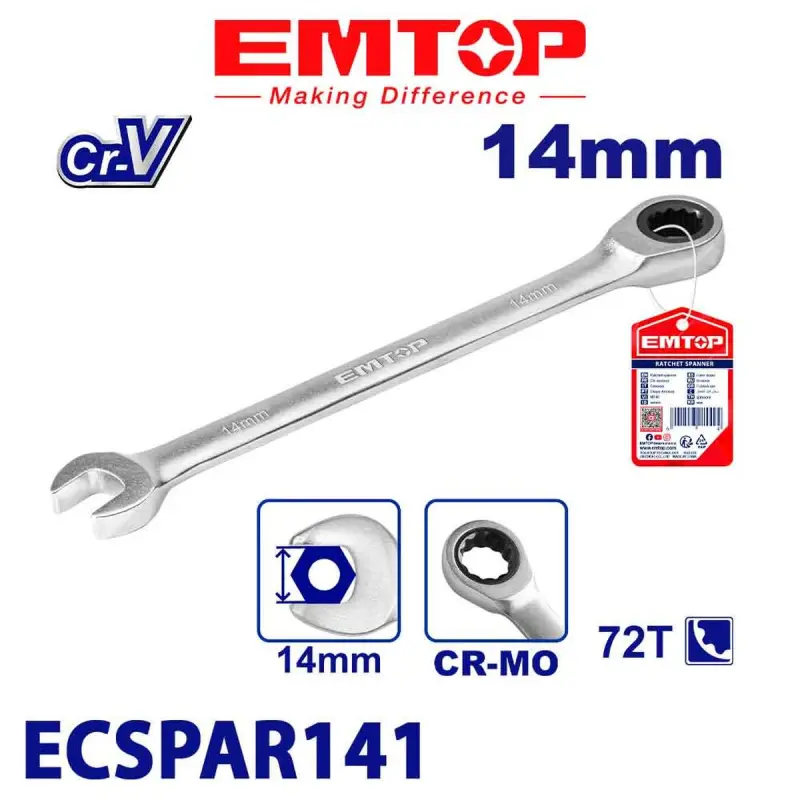 Emtop ECSPAR141 | Ratcheting Wrench 14mm Cr-V Steel