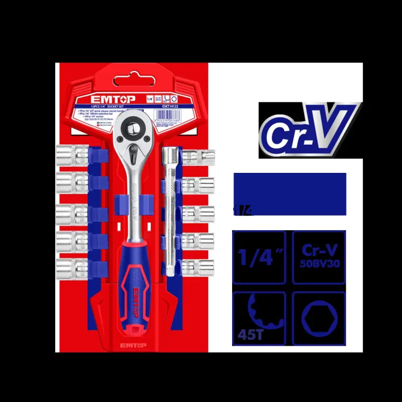 Emtop ESKT14122 | Socket Set 1/4" 12 pcs Chrome Vanadium