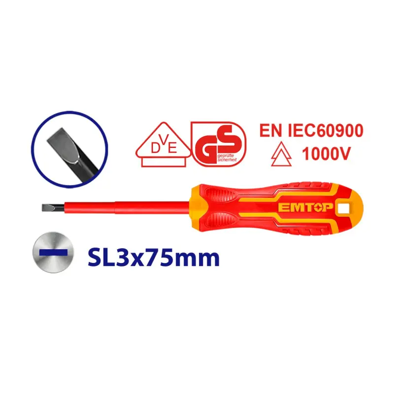 Emtop ESDRJ3075 | 1000V Düz Tornavida Cr-V SL3.0x75mm