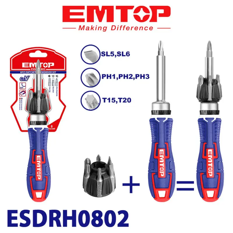Emtop ESDRH0802 | 8-in-1 Screwdriver Set Multi-Bit Toolkit