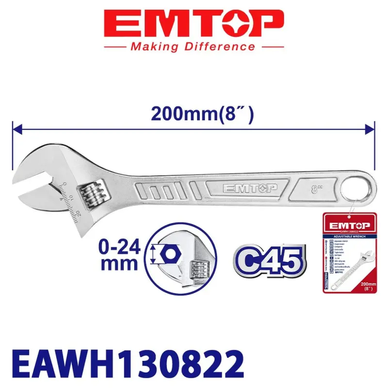Emtop EAWH130822 | Adjustable Wrench 200mm Corrosion-Resistant