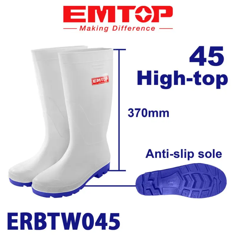Emtop ERBTW045 | Rubber Boots Size 45 Waterproof Non-Slip White