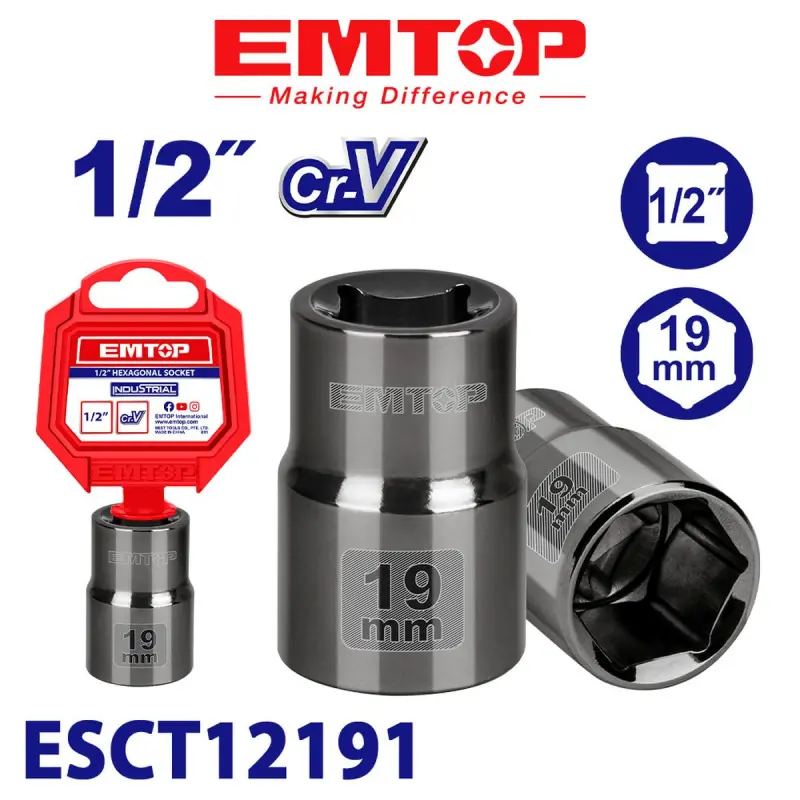 Emtop ESCT12191 | 1/2" Socket 19mm Chrome Vanadium