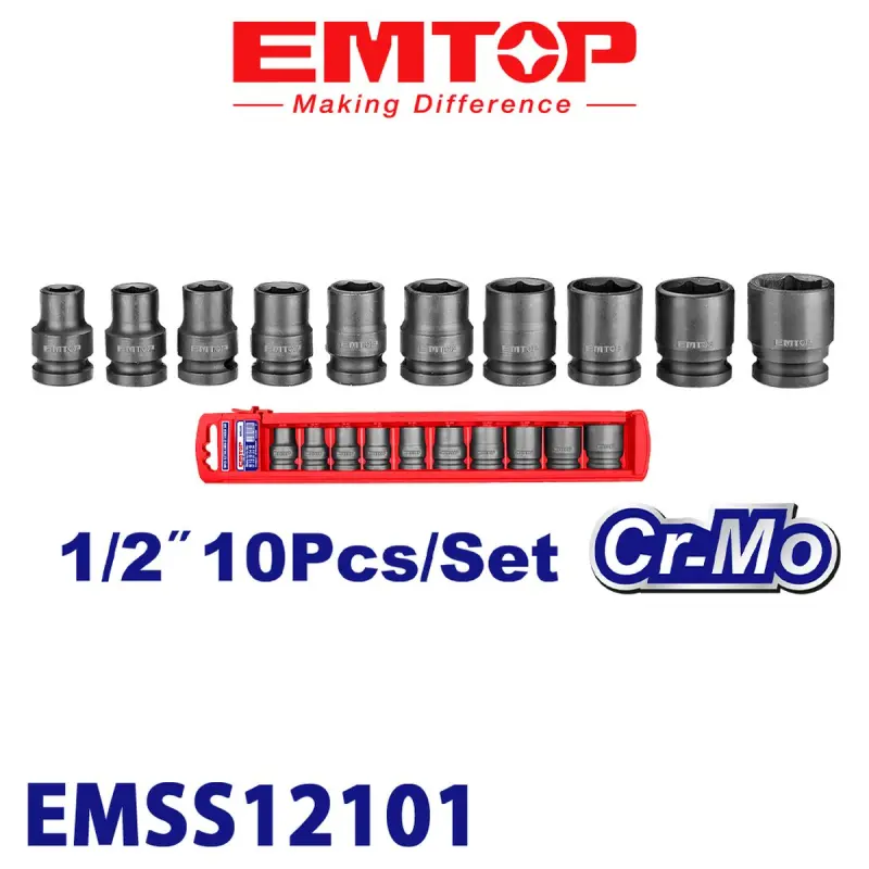 Emtop EMSS12101 | Impact Socket Set 10pcs Heavy-Duty Chrome Molybdenum