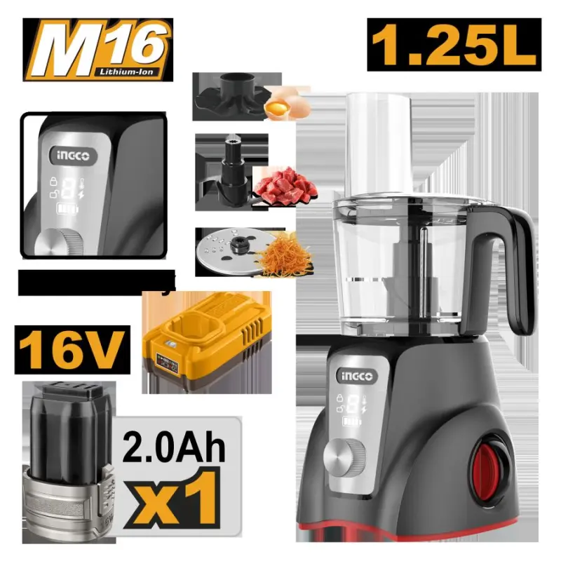 Ingco CFP027K 16V simsiz aşhana kombaýny, 1,25L, 250W, 1 batareýa