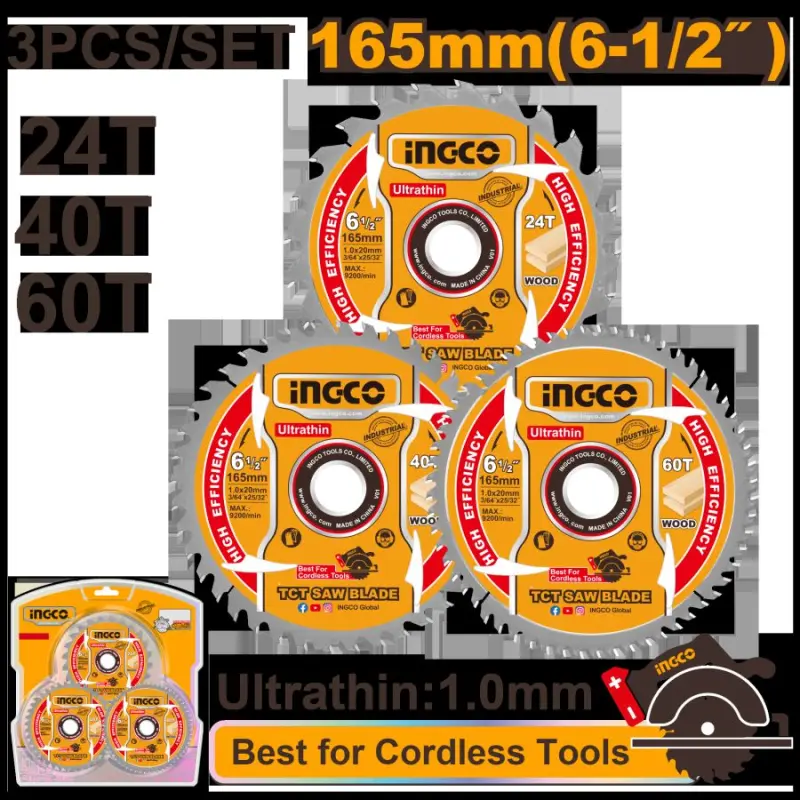 Ingco TCT 165mm inçe pyçaklar toplumy, 3 sany, model TSB16503