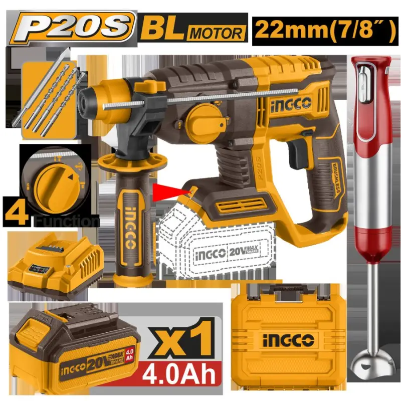 Ingco akkumulýatorly enjamlar toplumy 20V perforator + 11.1V blender