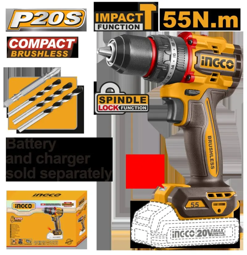 Ingco 20V bez fırçaly zarýadly urýan buraw CIDLI205581, 55 Nm
