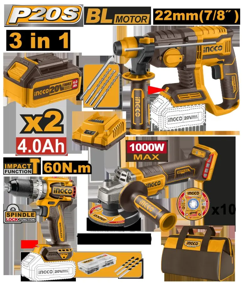 Ingco 20V akkumulyatorly enjamlar toplumy 3 enjam 2x 4,0Ah (COSLI240202)