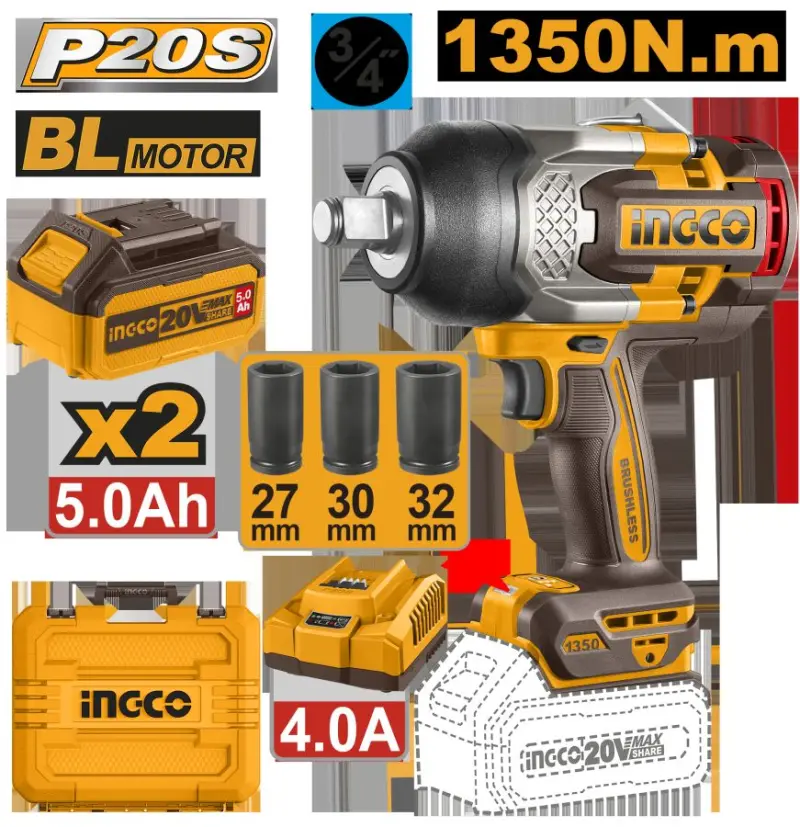 Ingco Simsiz Zarba Açary 1350Nm 5,0Ah 2 Akkumulyator CIWLI20135