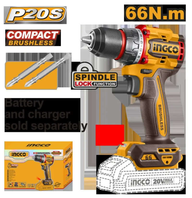 Ingco 20V kompakt fırçasyz akkumulýatorly drel-şurup burawçysy 66Nm (CDLI206681)
