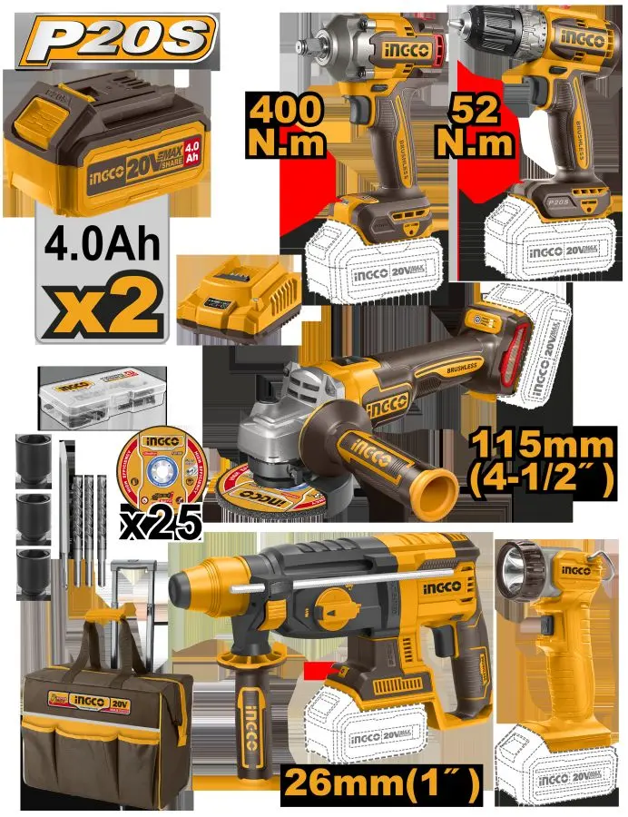 Ingco 20V 5 sany akkumulýatorly senagat gural toplumy, 2 x 4,0Ah akkumulýator