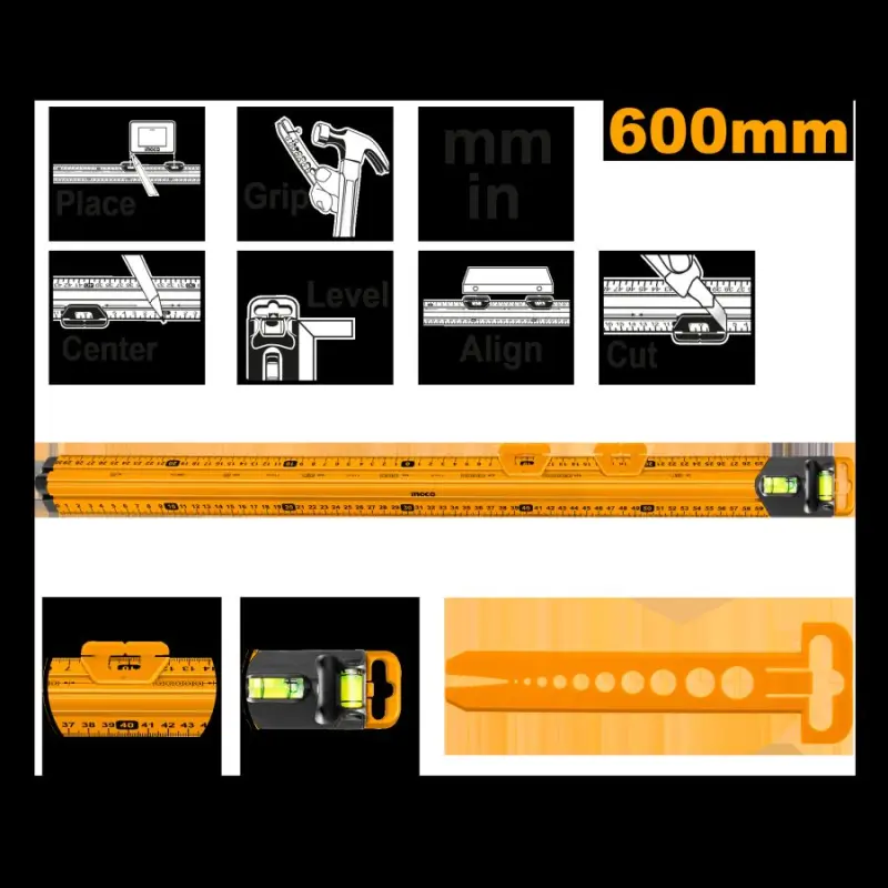 Многофункциональная линейка Ingco 60 см с уровнем HSR36003