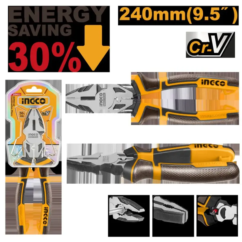 Плоскогубцы Ingco 240мм с увеличенным рычагом 30% Cr-V HHCP28240
