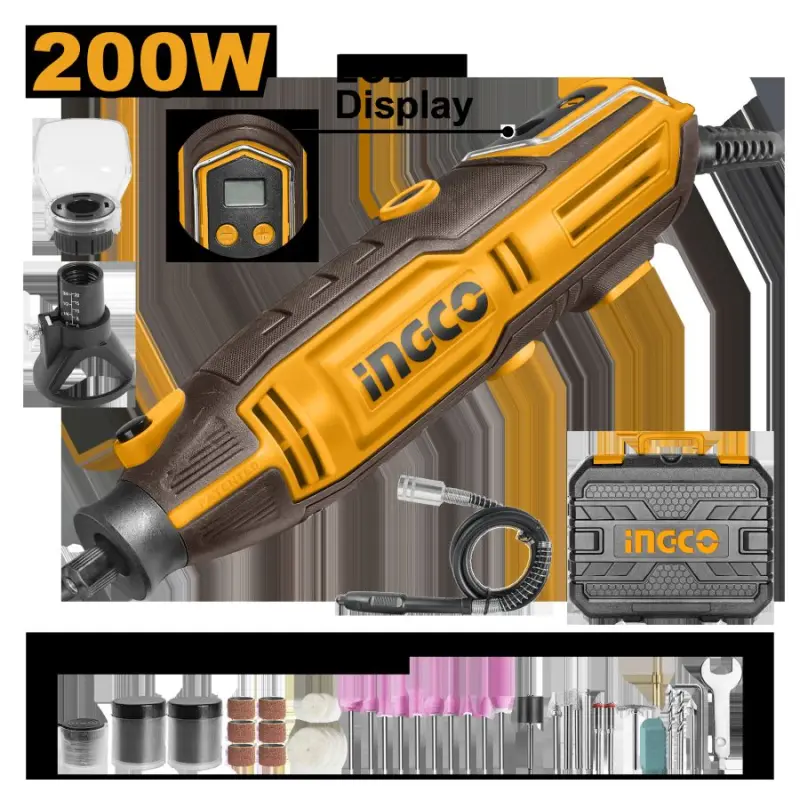 Гравер электрический Ingco MG2008 200Вт, комплект 153 аксессуара