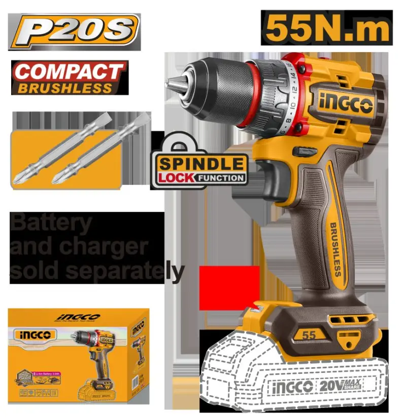 Ingco Компактная бесщеточная дрель 20В 55Нм CDLI205581