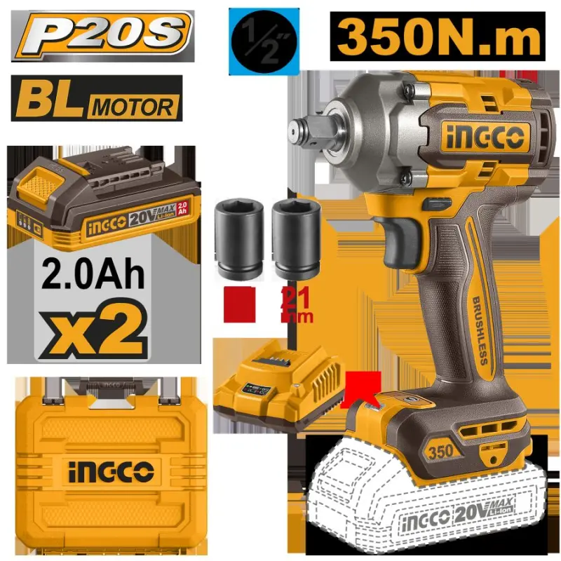 Ingco CIWLI2035 20В Аккумуляторный ударный гайковерт 350 Нм 2x2,0Ач