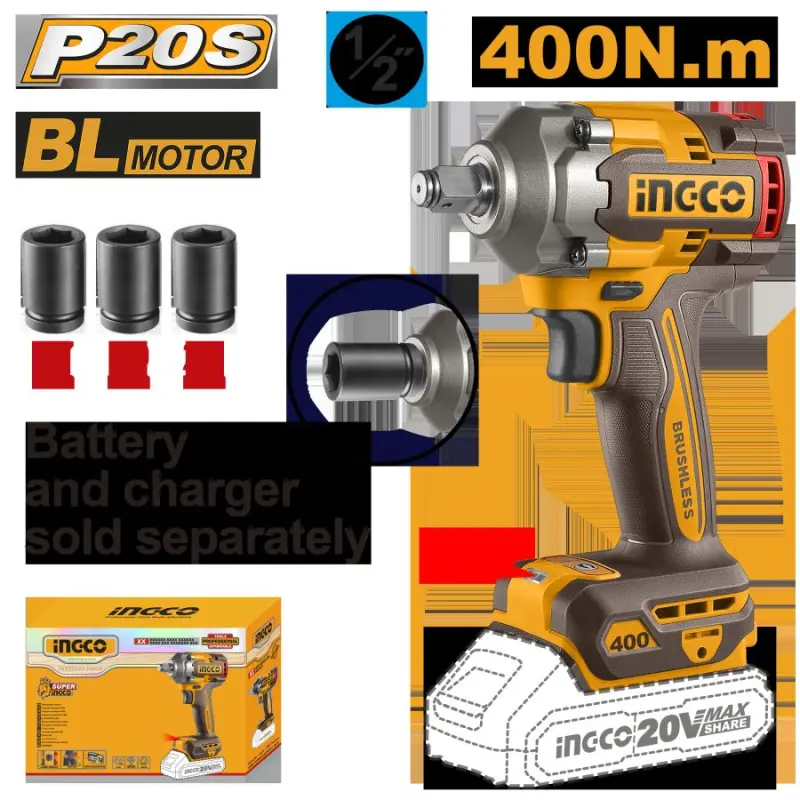 Ingco 20В Аккумуляторный ударный гайковерт BL 400 Нм CIWLI20401